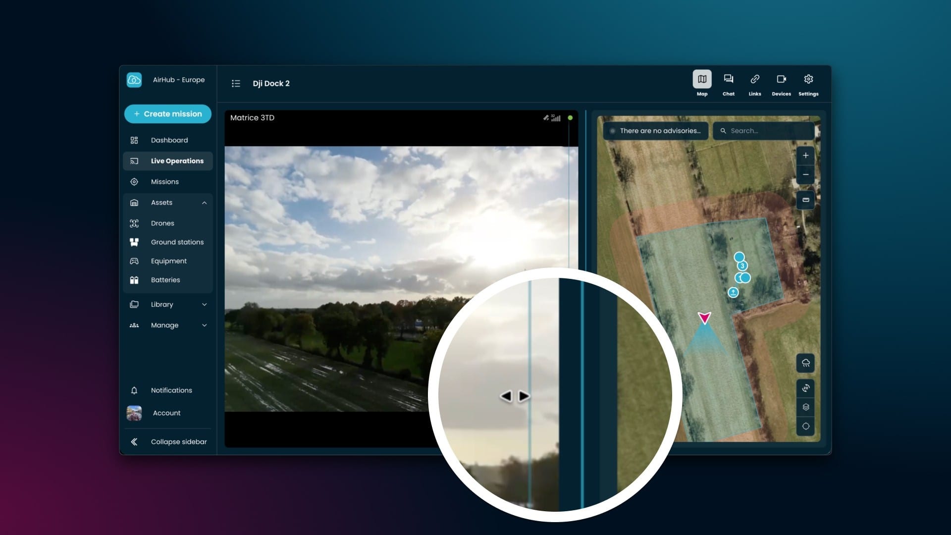 The AirHub Drone Operations Center in live operations: a drone video feed alongside a map with mission waypoints, and a sidebar listing drones, ground stations, equipment and batteries