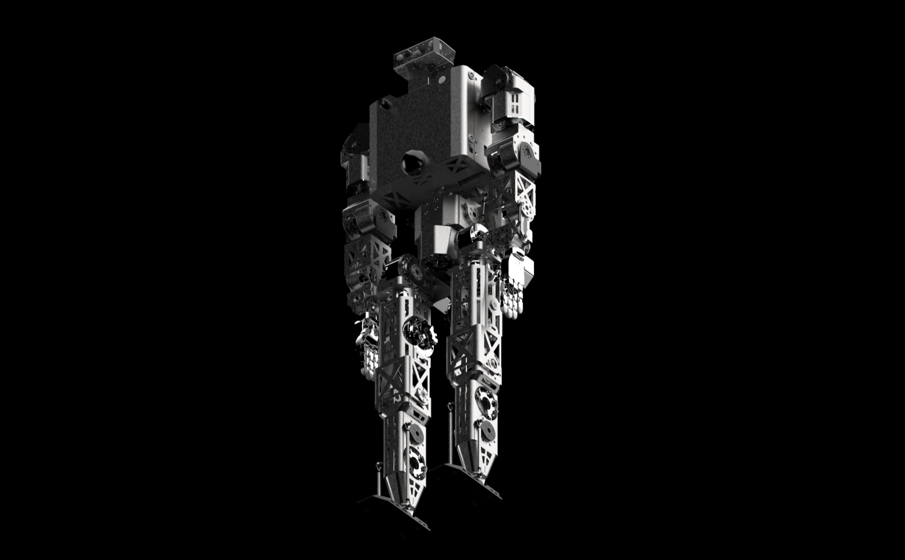 Full-body view of Roger, the Minerva Humanoids robot, standing against a black background