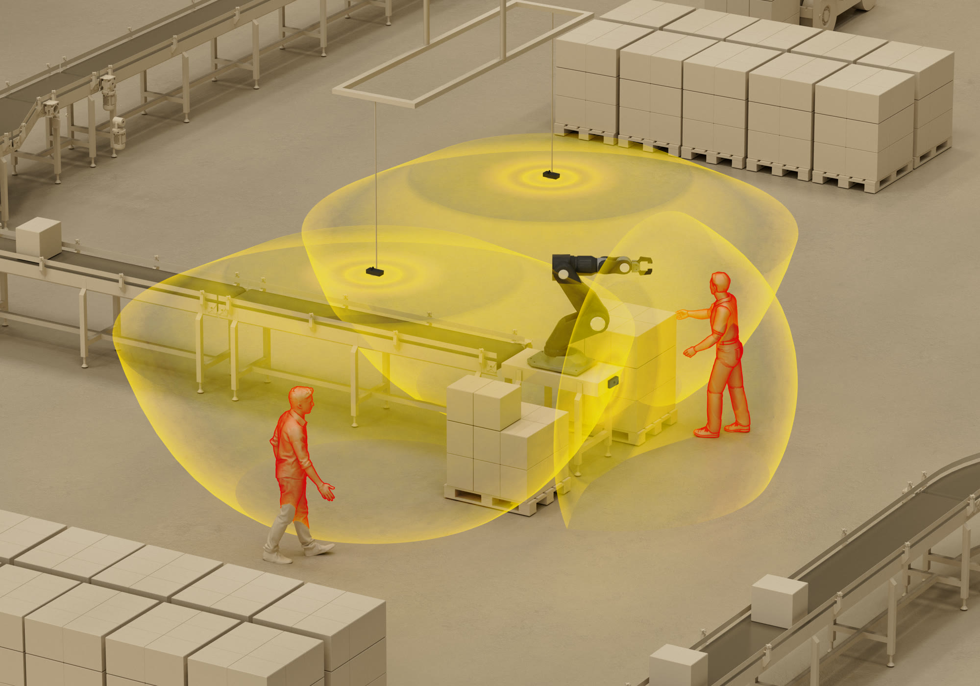 3D safety halo visualization: yellow protection zones around an industrial robot with humans working nearby