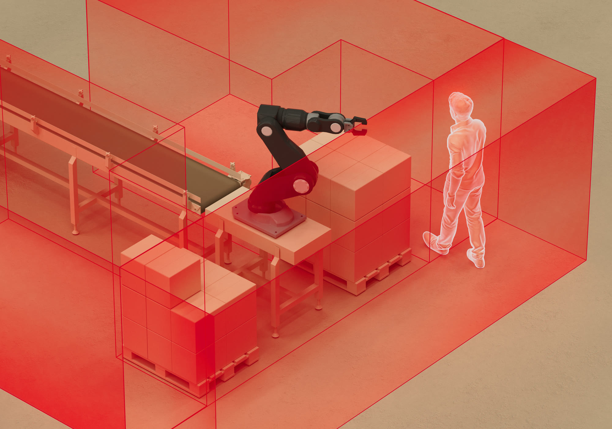 3D safety zones visualization: red detection volumes around a robot arm, with a person entering the protected volume